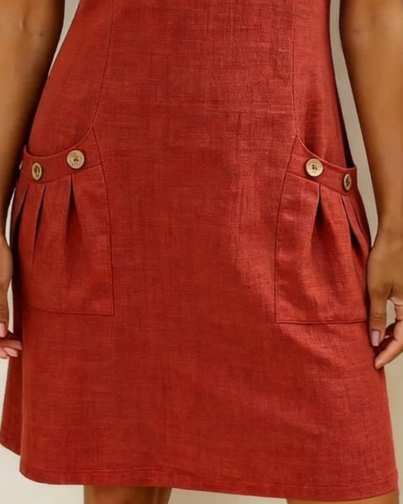 Round Neck Short Sleeve Pocket Zip Cotton Linen Dress