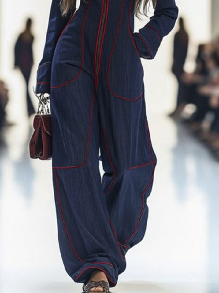 Denim Long Sleeve Jumpsuit with Stand Collar and Wide Leg