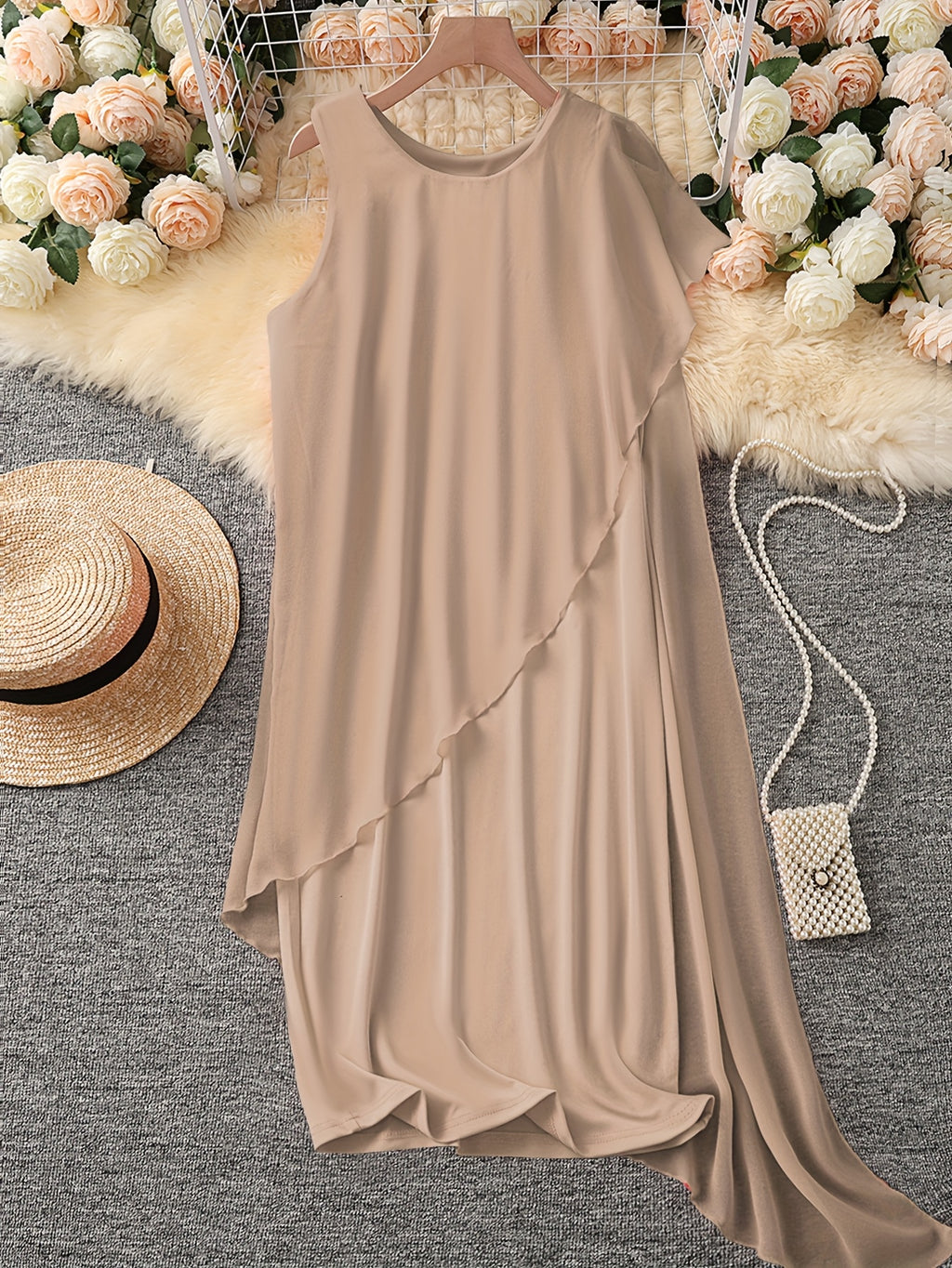 Sleeveless Chiffon Faux Two-Piece Dress in Khaki, detail view
