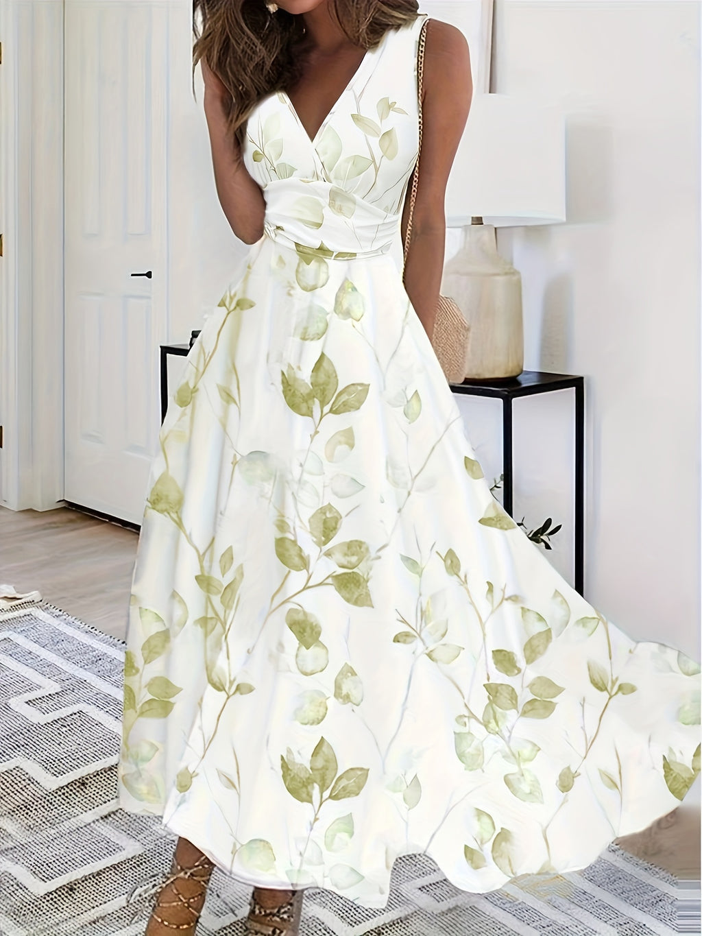 Short Sleeve Printed Floral Summer Midi Dress in Matcha, front view
