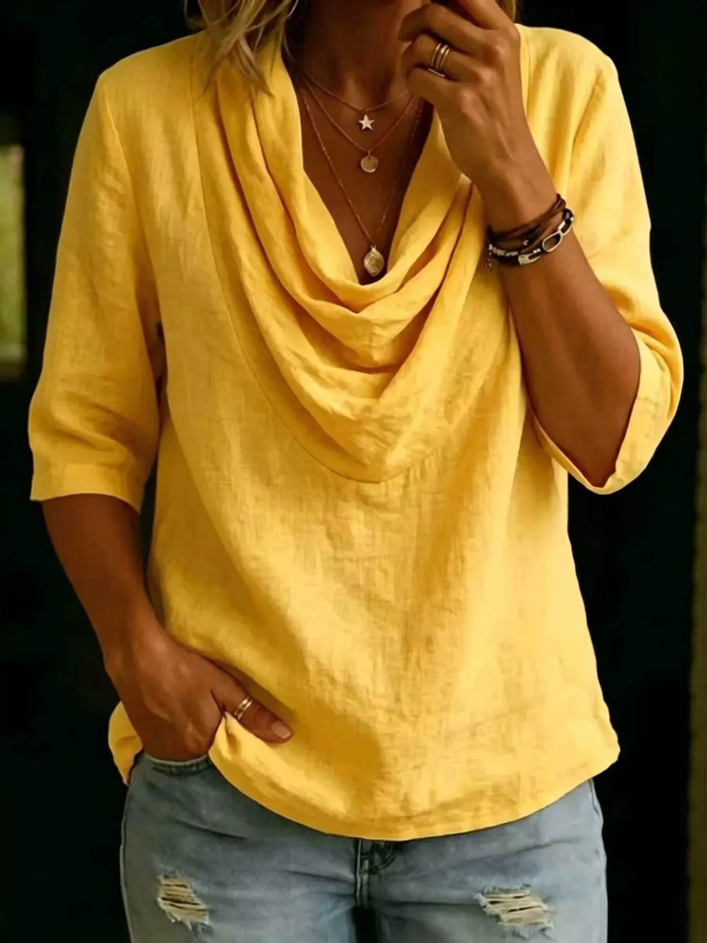 Cowl Neck 3/4 Sleeve Top, Plus Size