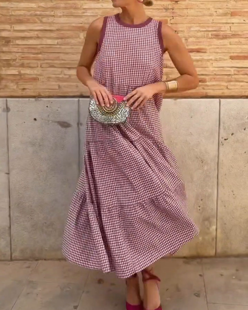 Burgundy Plaid Round Neck Sleeveless Midi Dress