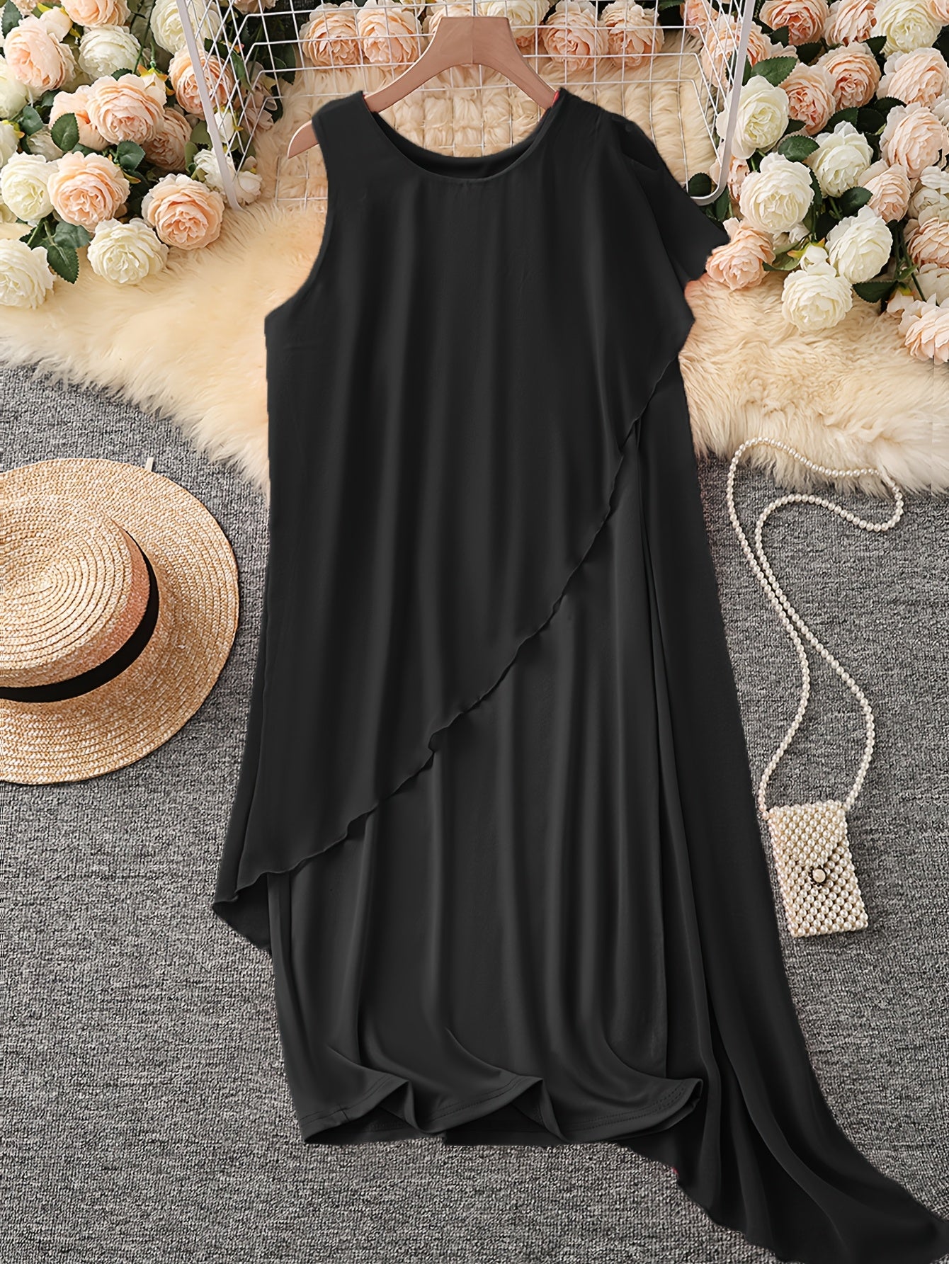 Sleeveless Chiffon Faux Two-Piece Dress in Black, model view