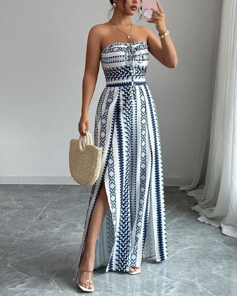 Wide-leg bandeau jumpsuit with side slit, detail view