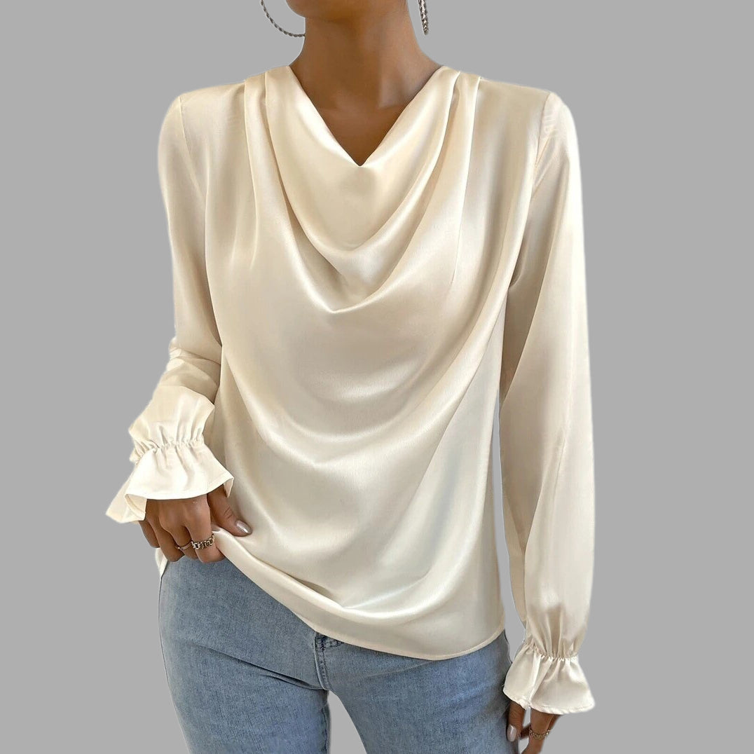 Women's Cowl Neck Ruffled Cuff Satin Blouse — worn on model