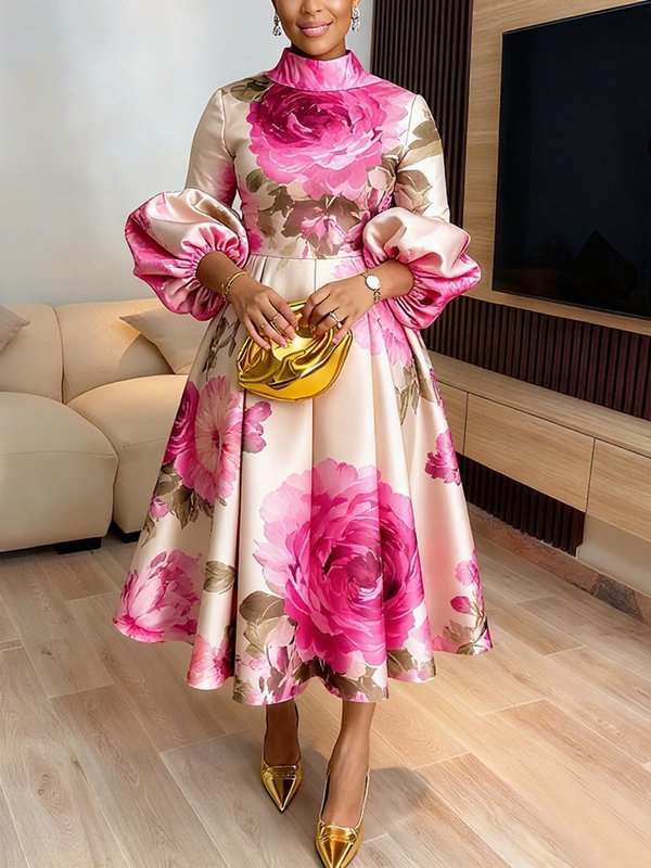 Pink floral print A-line maxi dress