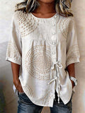Textured embroidery linen button blouse, front view
