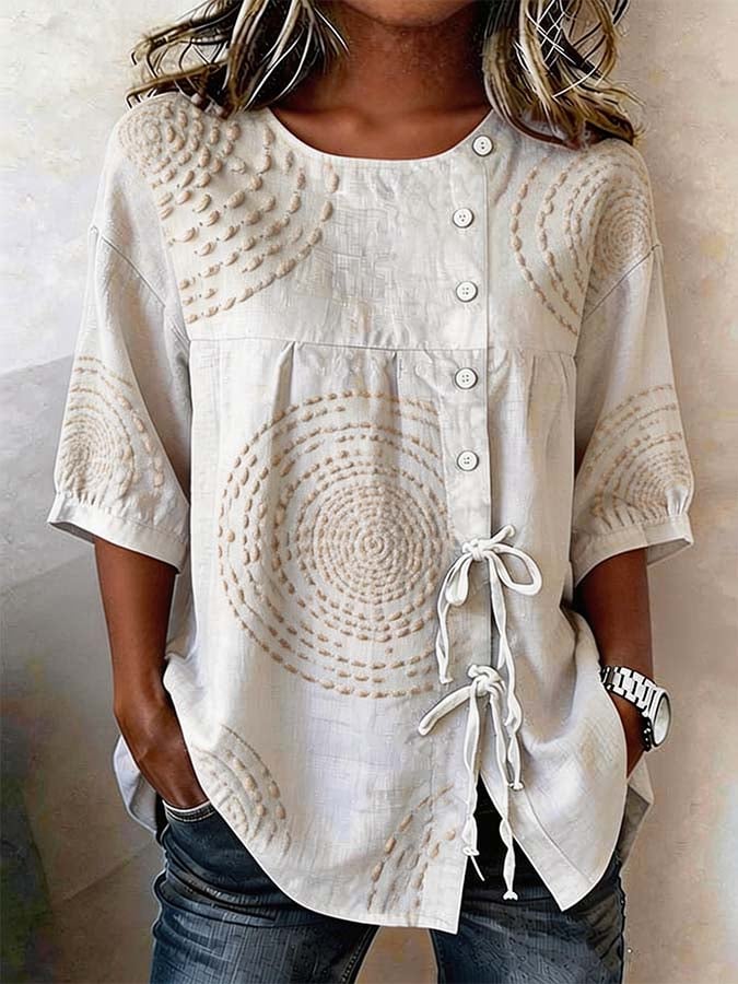 Textured embroidery linen button blouse, front view