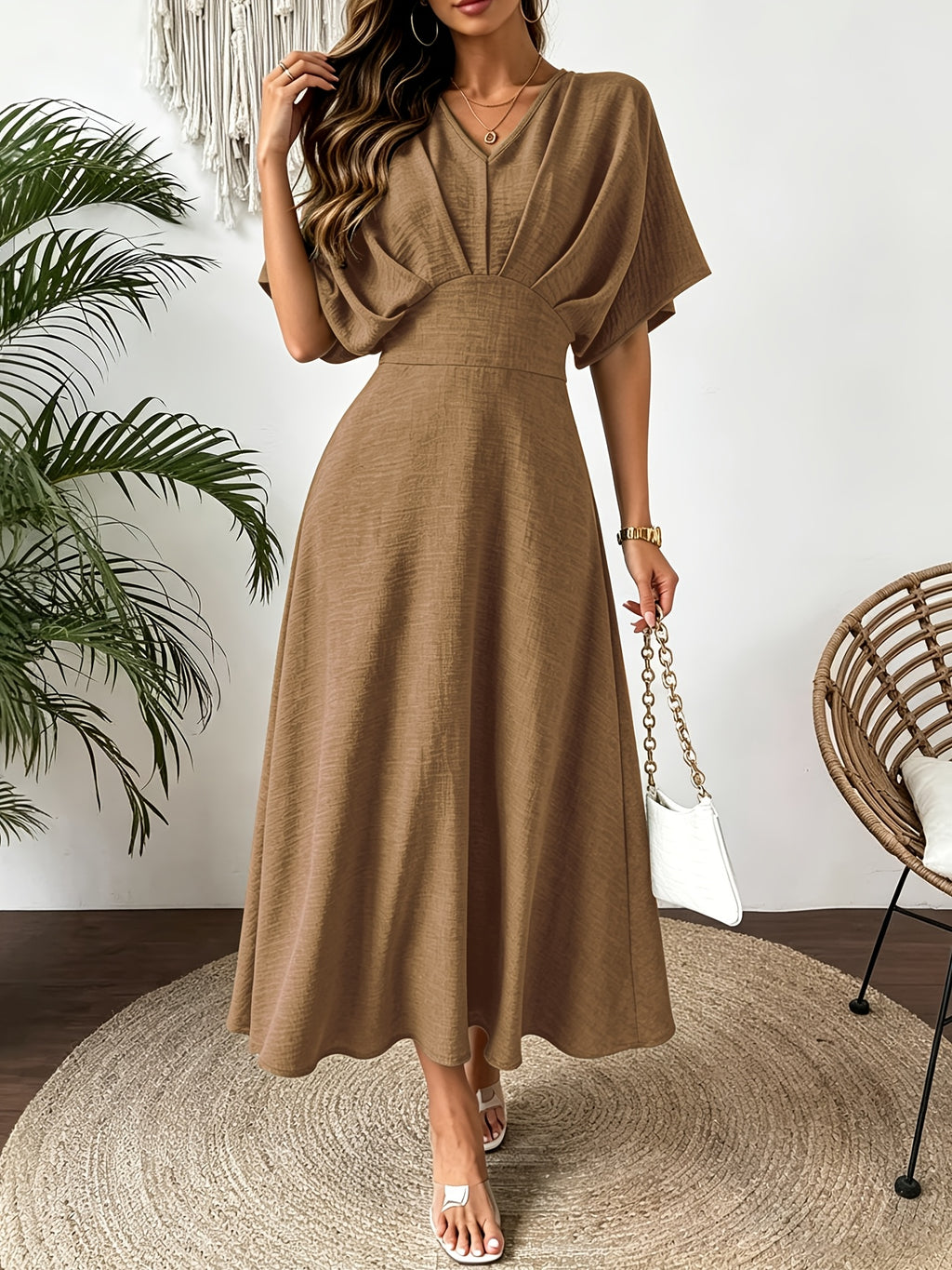 Batwing Sleeve Ruffle V-Neck Midi Dress