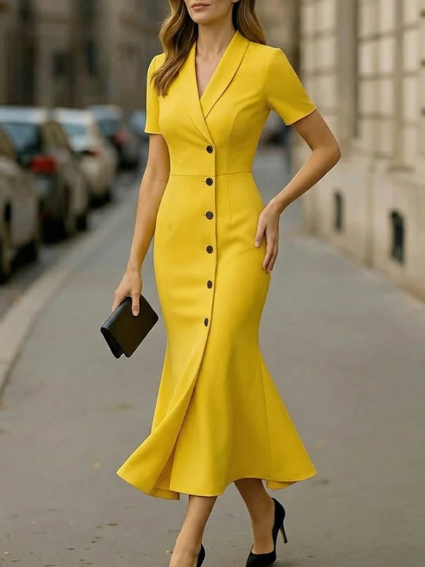 Women's yellow collared belted midi dress, bold retro chic style, front view
