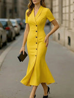 Women's yellow collared belted midi dress, bold retro chic style, front view