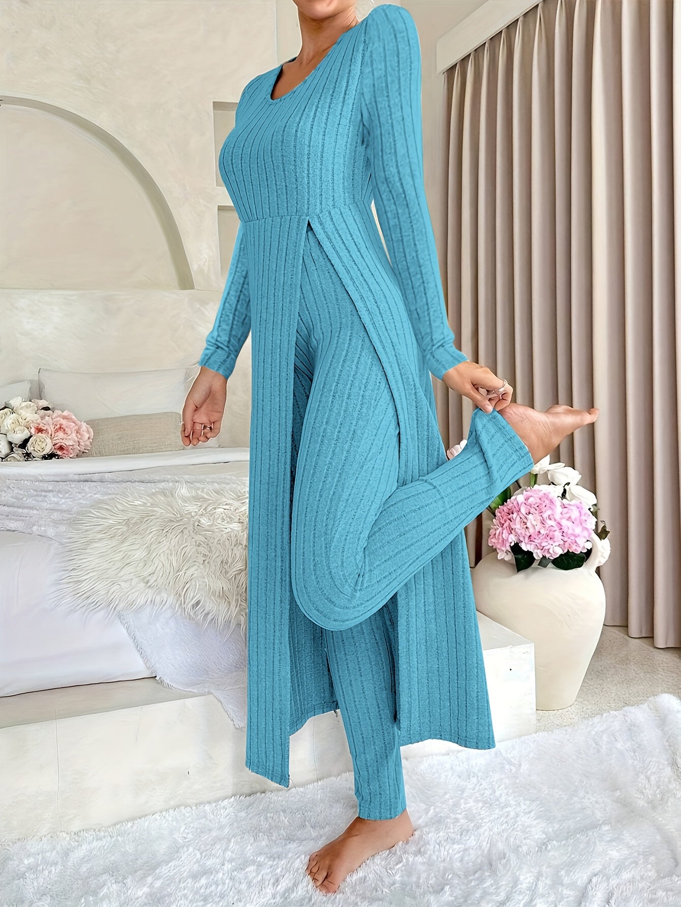 Grey ribbed long sleeve Loungewear Set