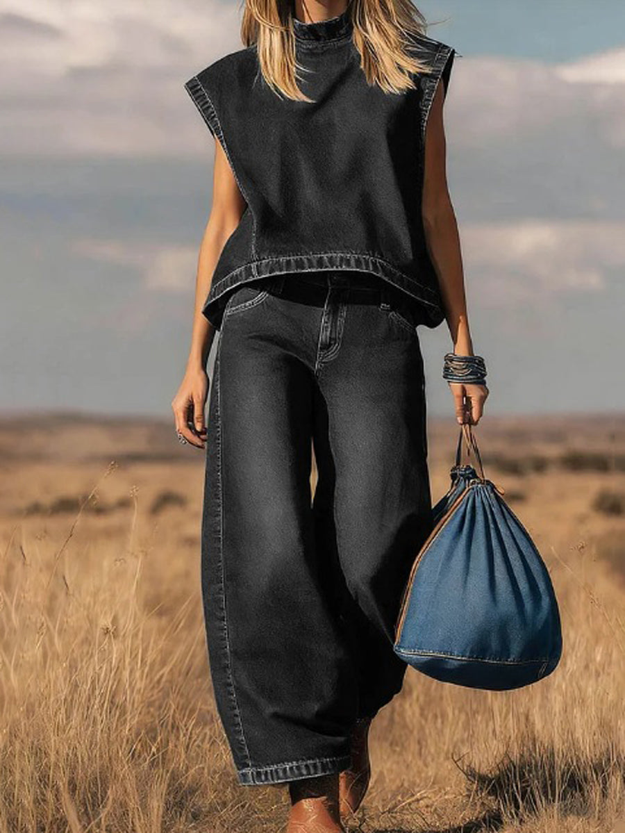 Denim Mock Neck Vest Top & Wide-Leg Jeans Co-ord Set