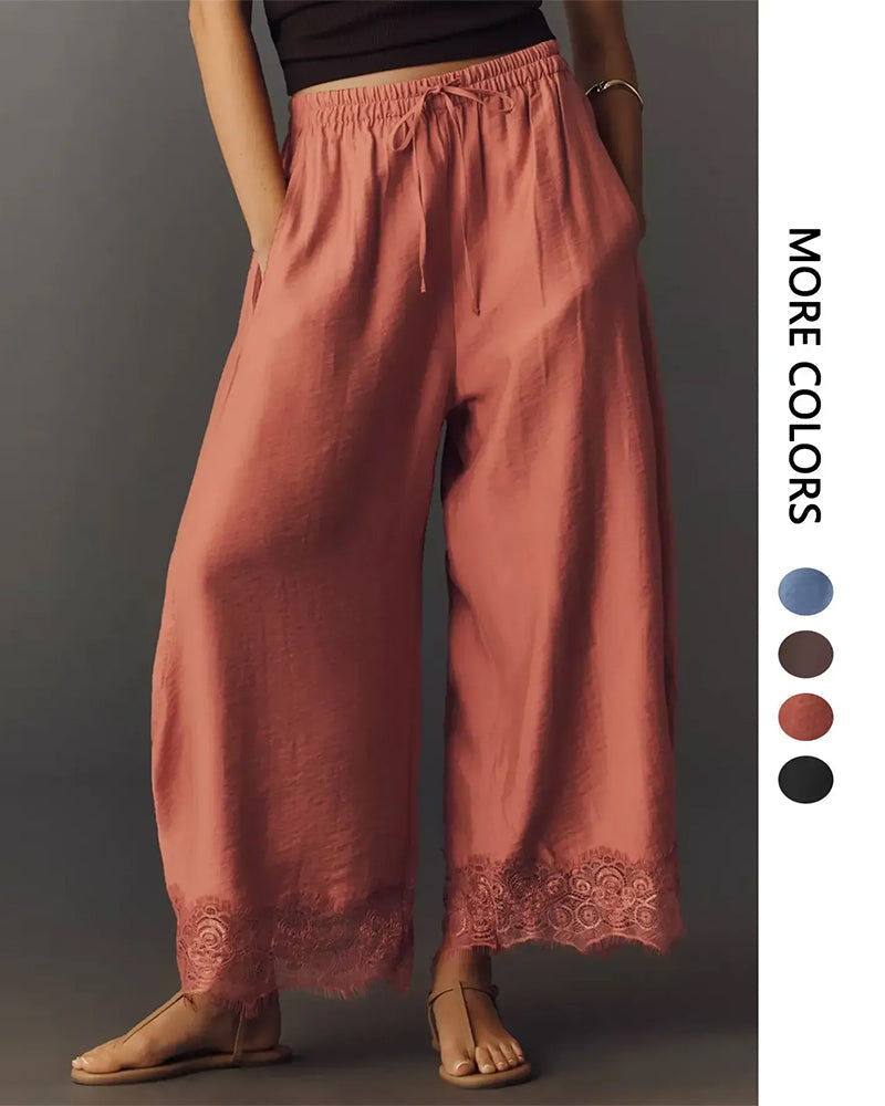 Elastic Waist Lace-Panel Casual Trousers