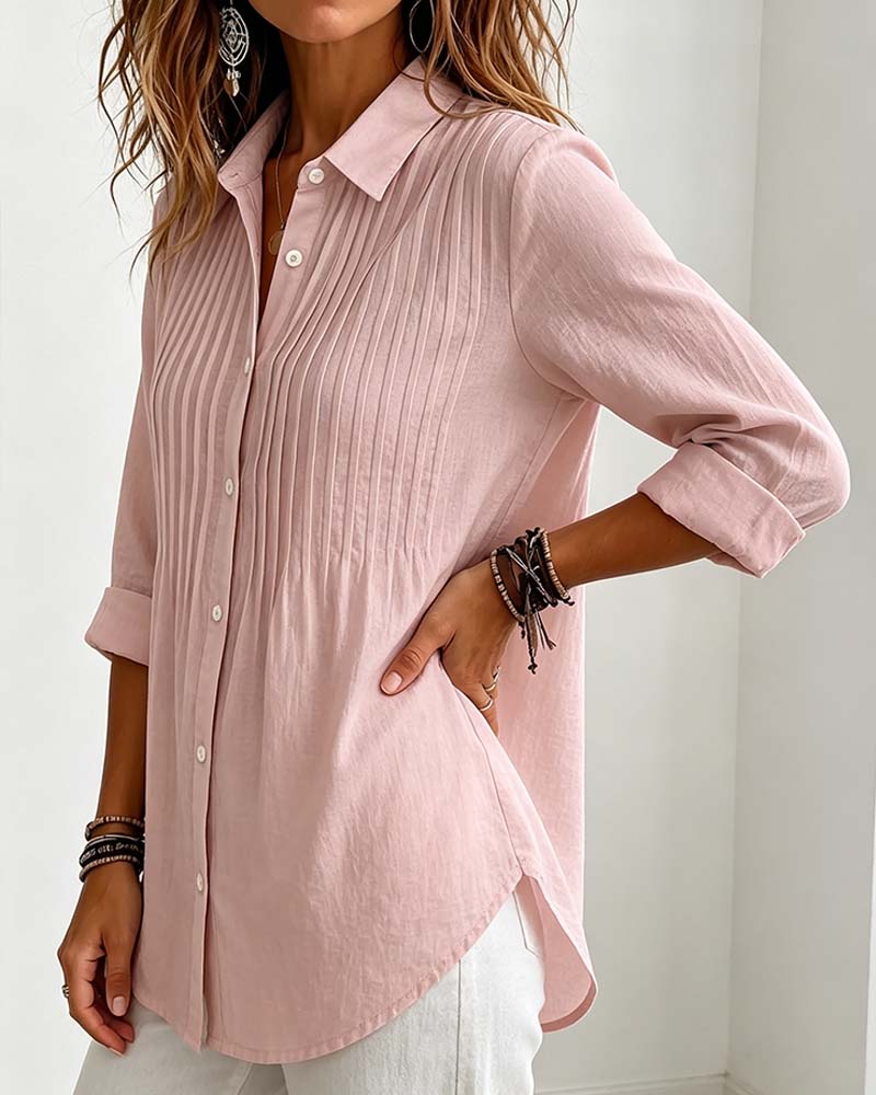 Women's Pink V-Neck Shirred Button Long-Sleeve Blouse