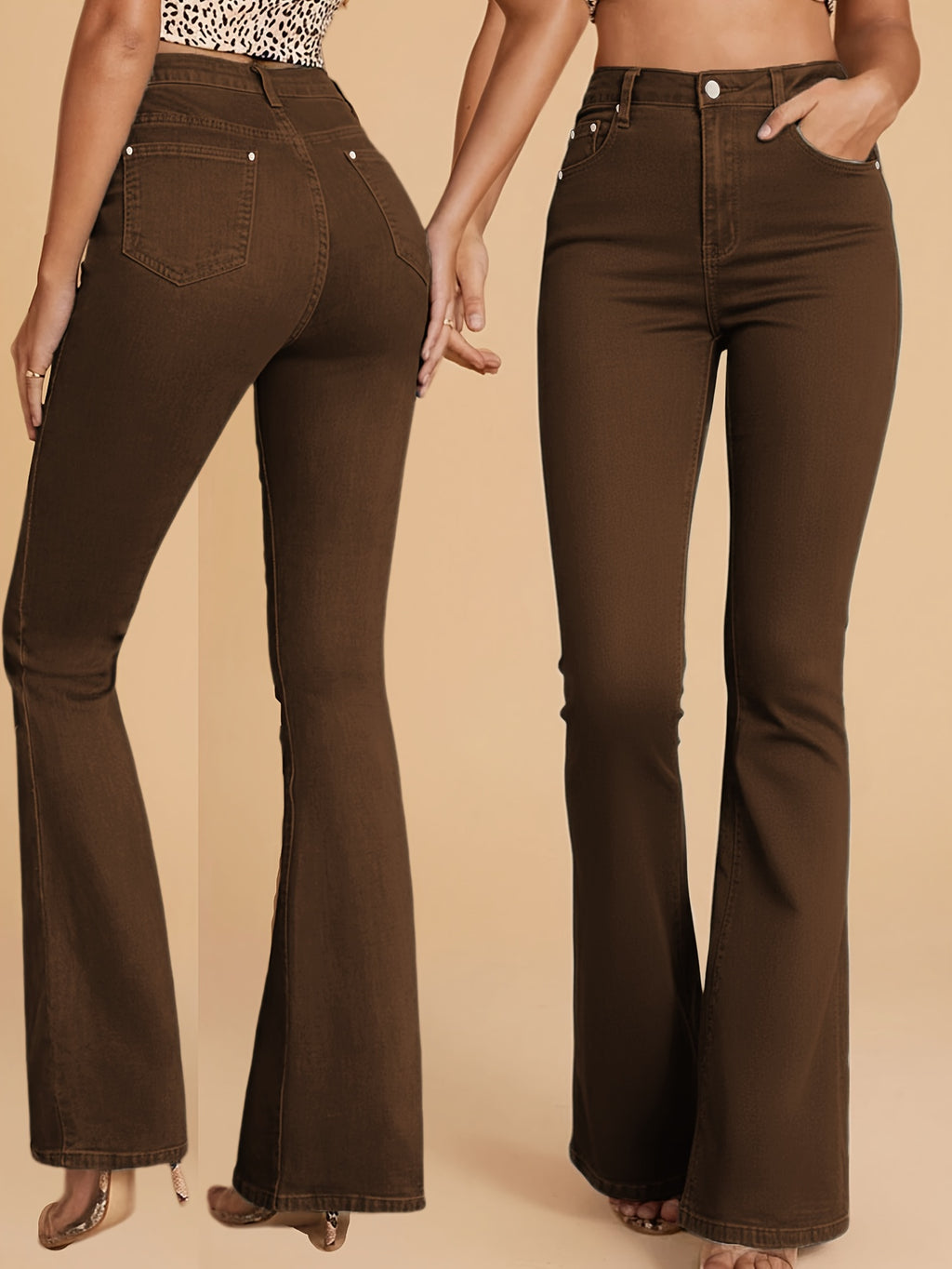 Coffee Brown butt-lifting flared Trousers, front view