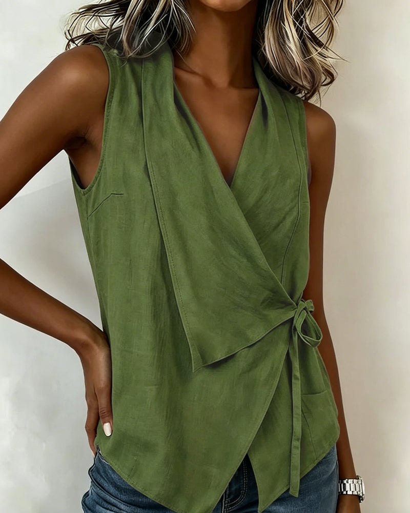 Sleeveless wrap front tie tank top in blue, front view