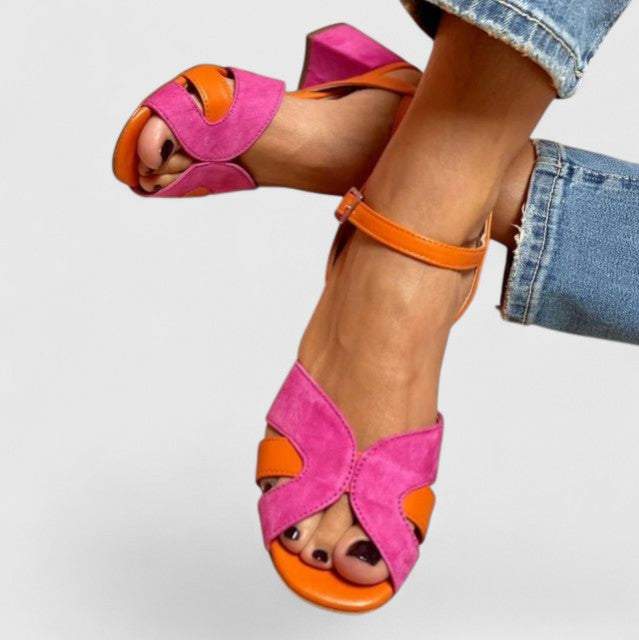 Women's Pink Orthopaedic Block Heel Sandals — worn on model