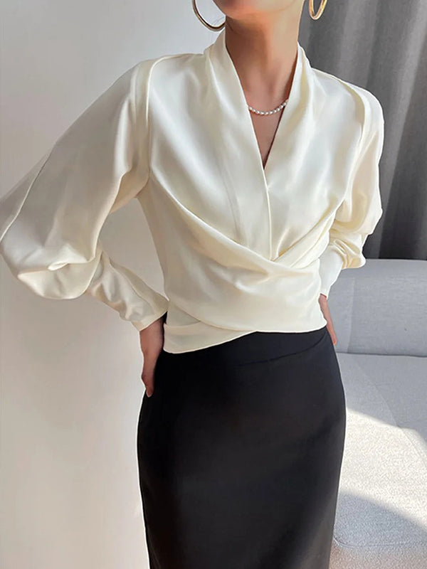 Zip-Front V-Neck Blouse