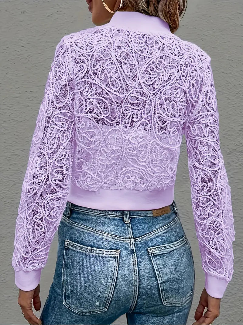 Semi-sheer lace bomber jacket with ribbed trims, product-only view