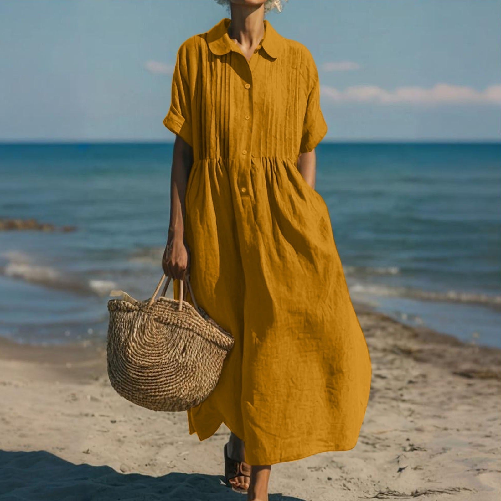 Women's cotton shirt dress collared midi length summer | Alba Muse