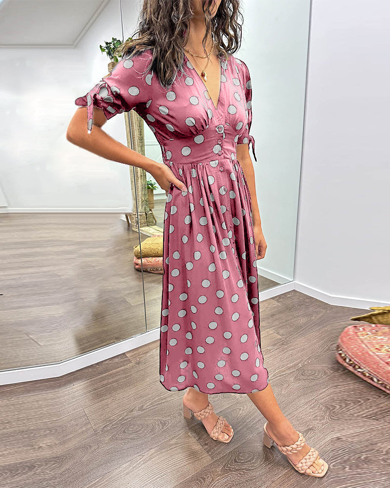 Purple Polka Dot V-Neck Midi Dress | Alba Muse