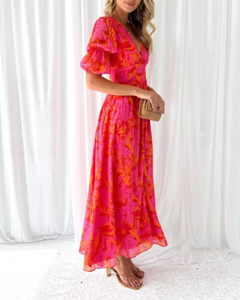 Romantic puff sleeve maxi dress in pink, side view
