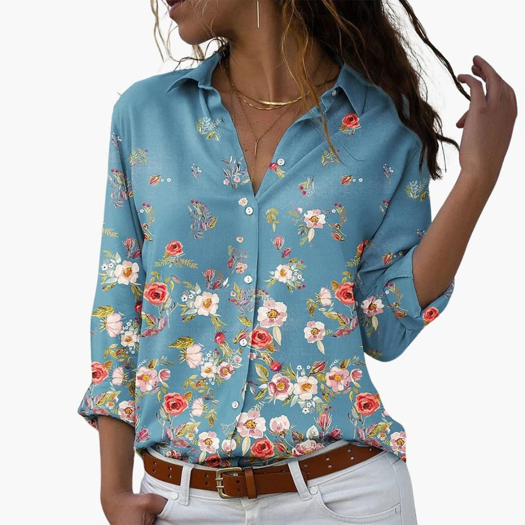 Women's floral print summer top front view sky blue casual