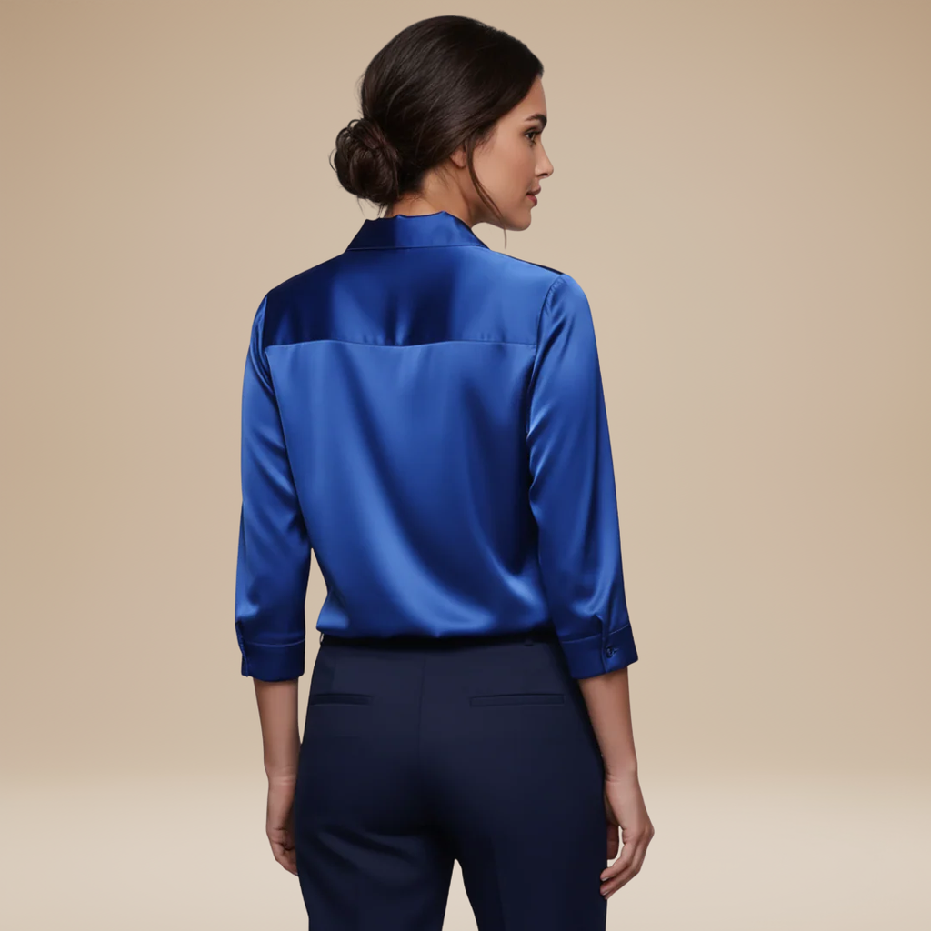 Women's satin blouse in royal blue – back view