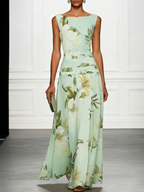 Women's Floral Boat Neck Sleeveless Maxi Dress in sage green front view - Elegant Wedding Guest Maxi Dress