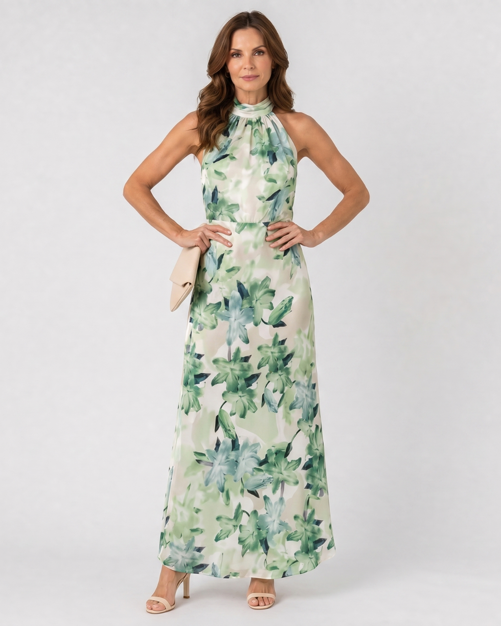 Floral halter neck midi dress, back view
