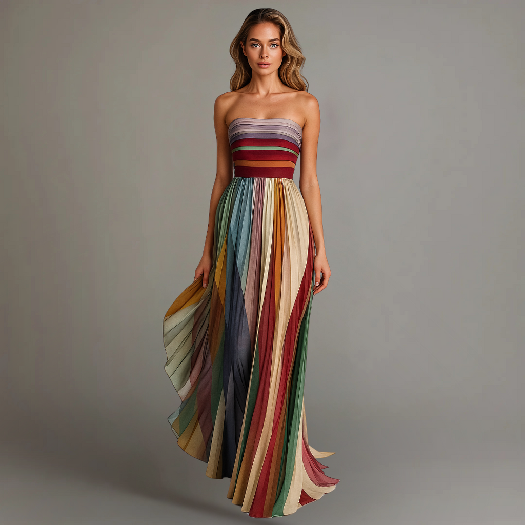 Women's strapless pleated maxi dress with multicolour vertical stripe panels – front view