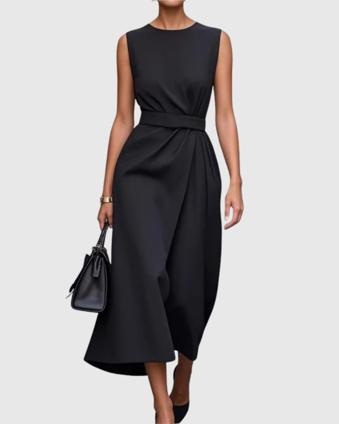 Round Neck Sleeveless Draped Midi Dress — worn on model