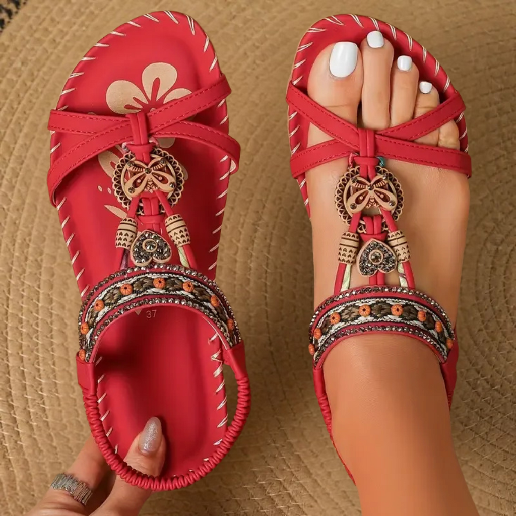Bohemian summer sandals with golden pearl detail, side view