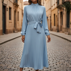 Women's long pleated dress with belt, front view