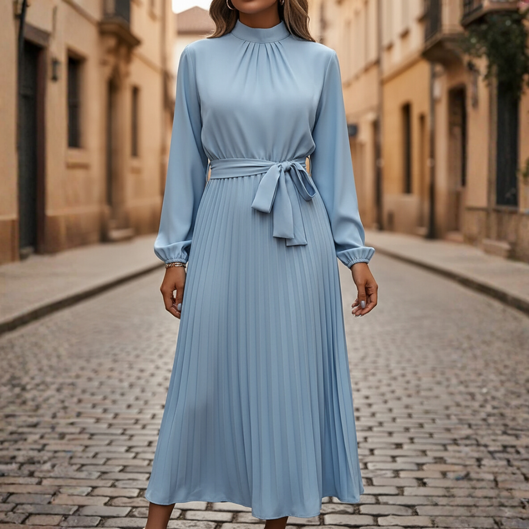 Women's long pleated dress with belt, front view