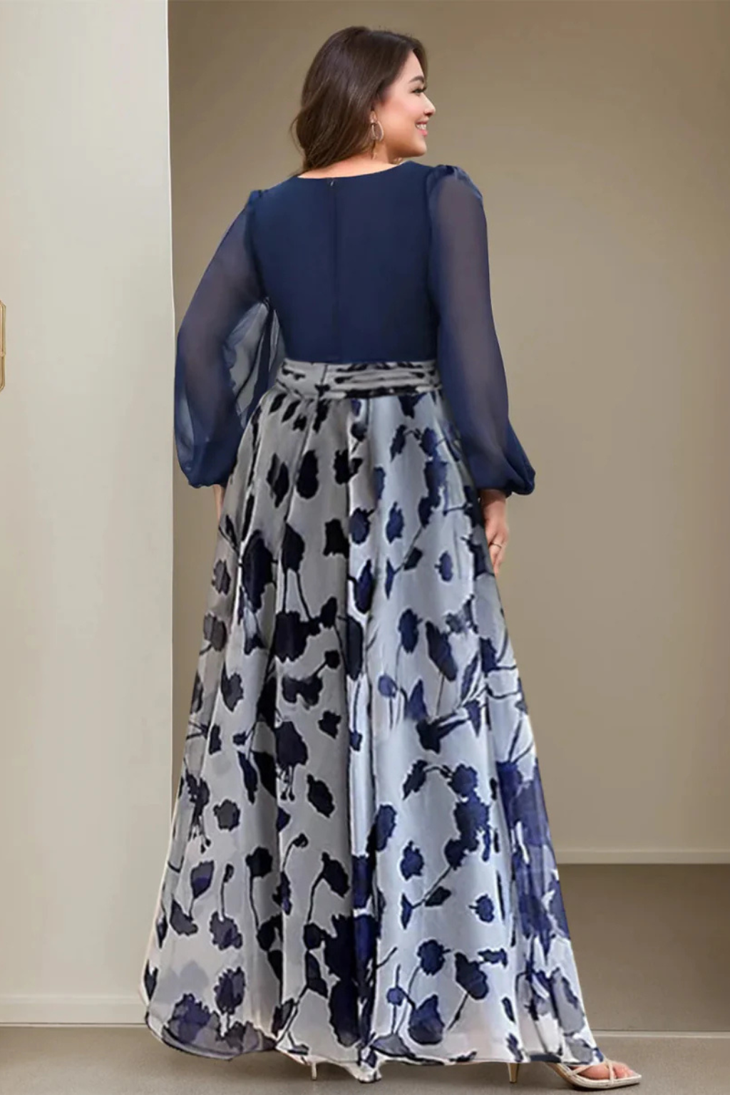 Women's floral maxi dress flowing skirt with balloon sleeves