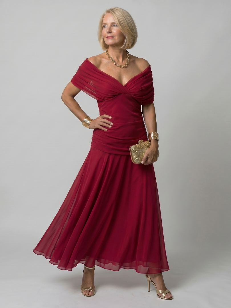 Elegant occasion midi dress with draped off-shoulder detail, full length view
