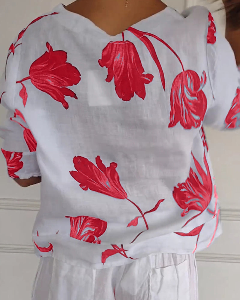 Floral Print Three Quarter Sleeve Cotton Linen Blouse