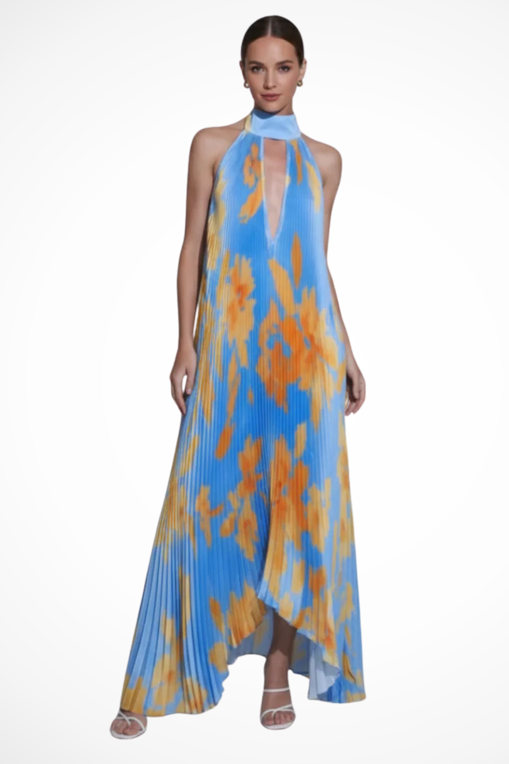 Women's sleeveless halter maxi dress with multi-colour print, three-quarter view