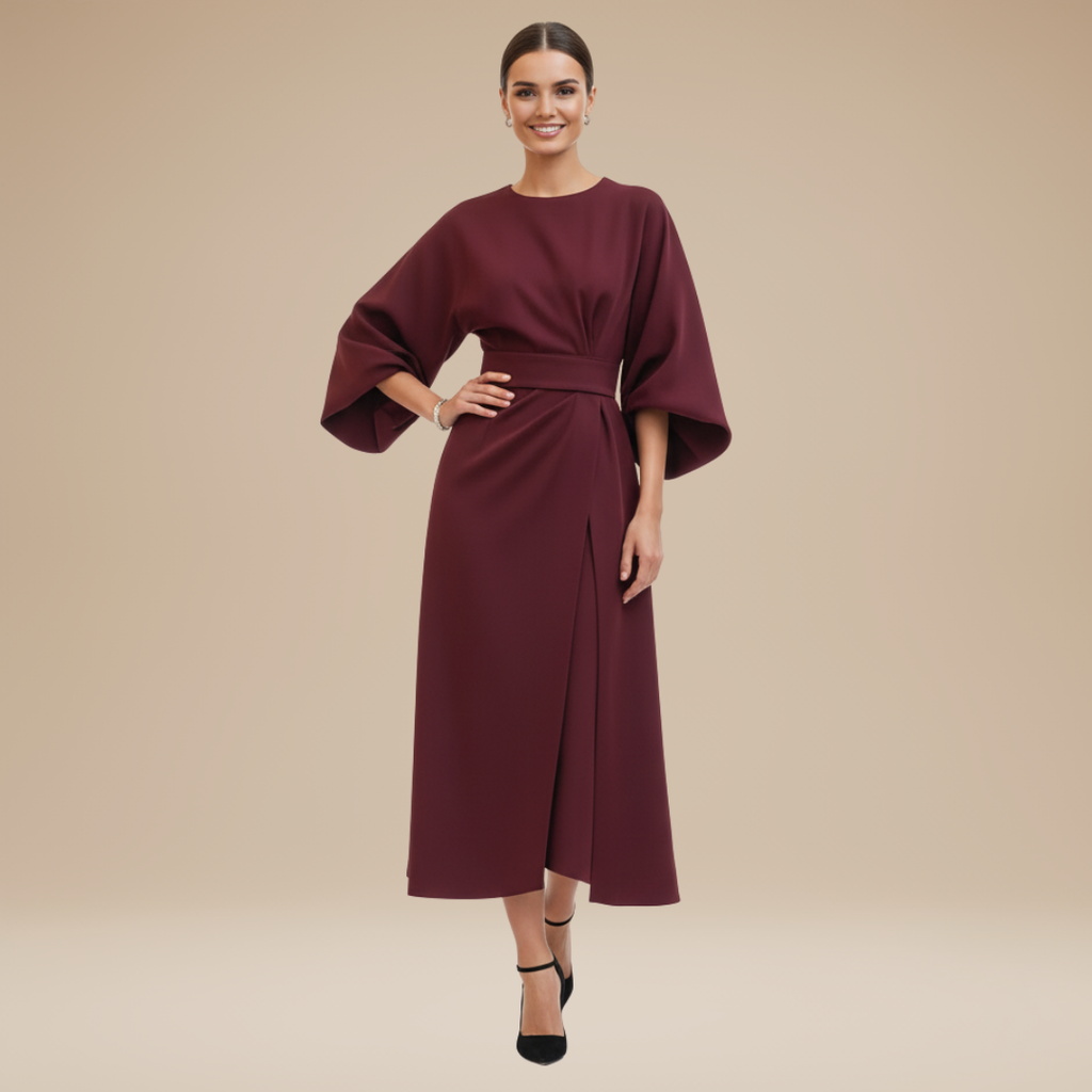 Belted Wide Sleeve Wrap Midi Dress