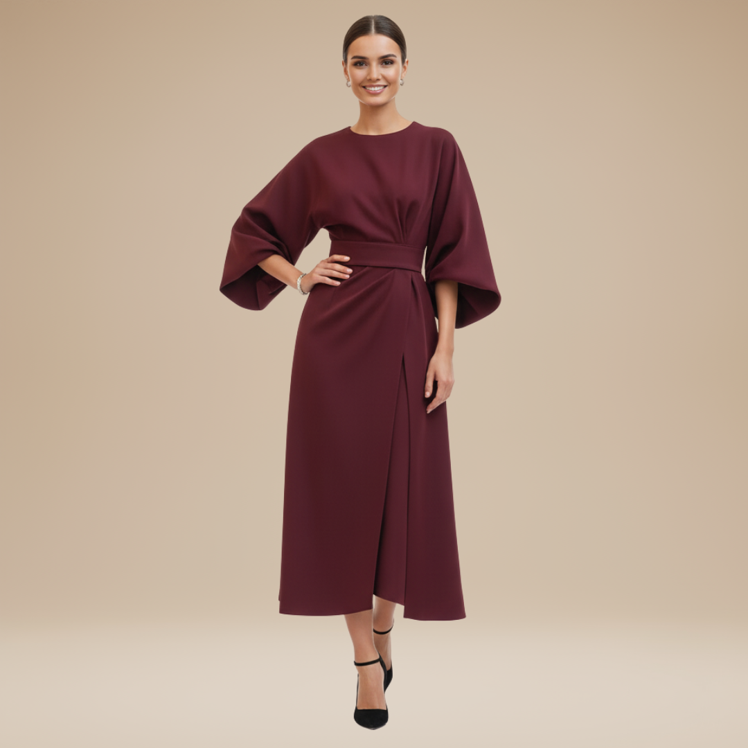 Belted Midi Dress with Wide Sleeves and Draped Waist
