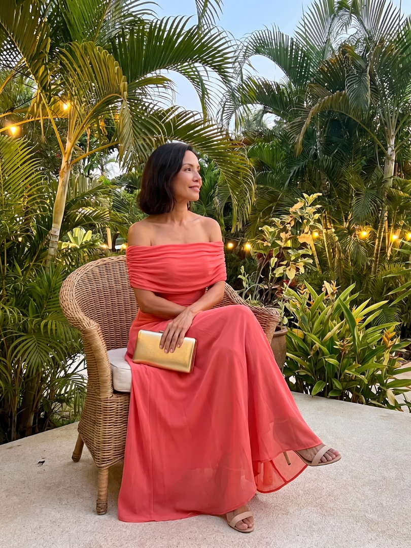 Off-shoulder draped midi dress, side full length view