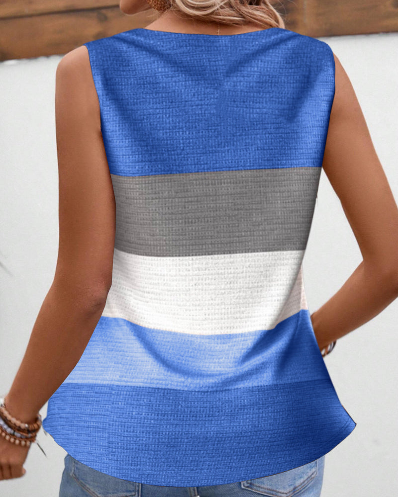 Striped Square Neck Shirred Button Sleeveless Vest Top