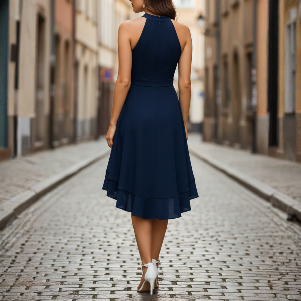 Halter neck layered skirt dress, side profile view