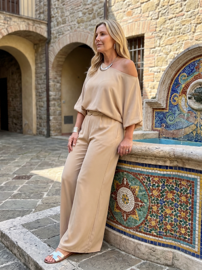 One-shoulder top and wide leg trousers set, colourway variants