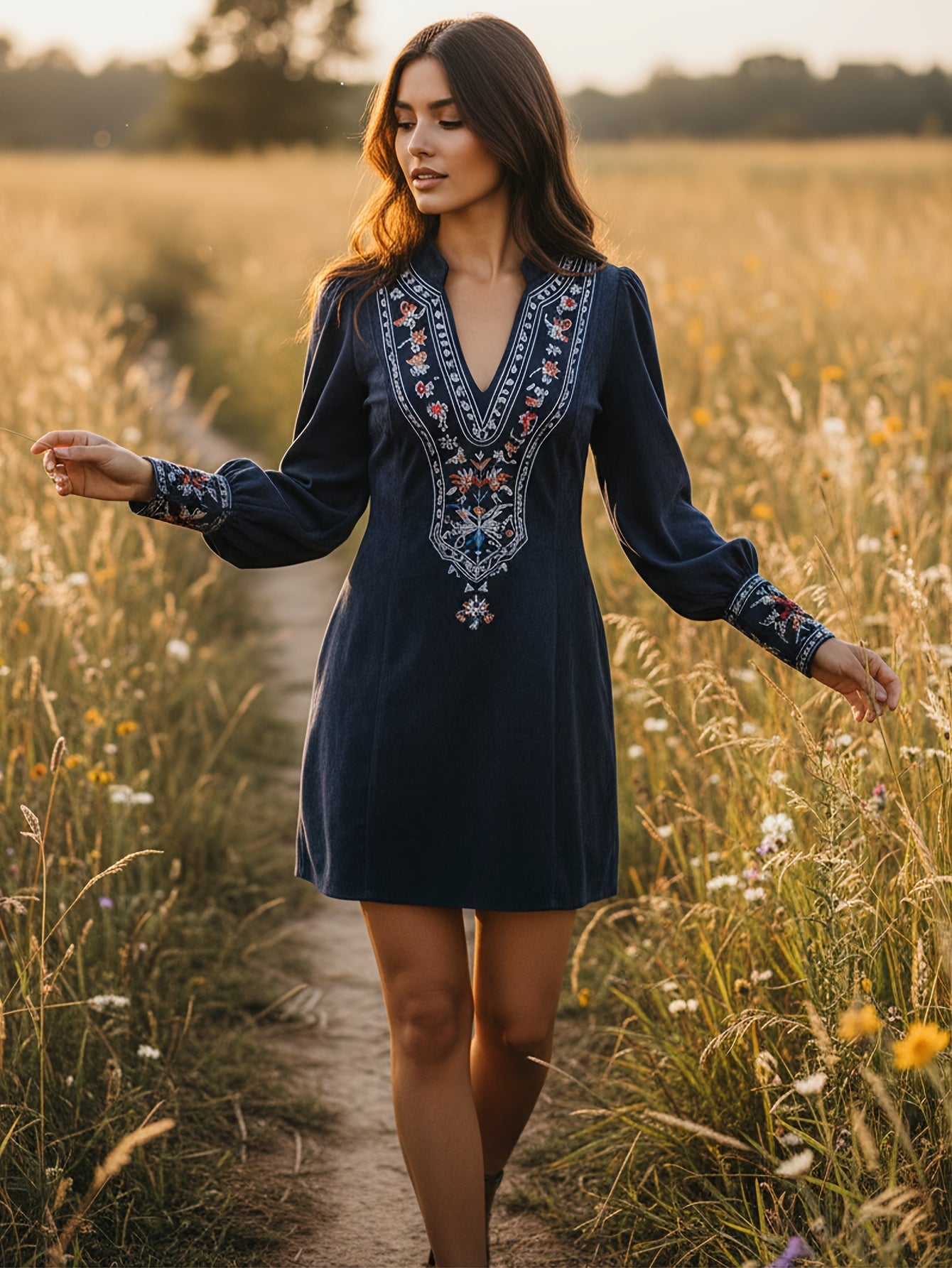 Navy Embroidered Lantern Sleeve Mini Dress