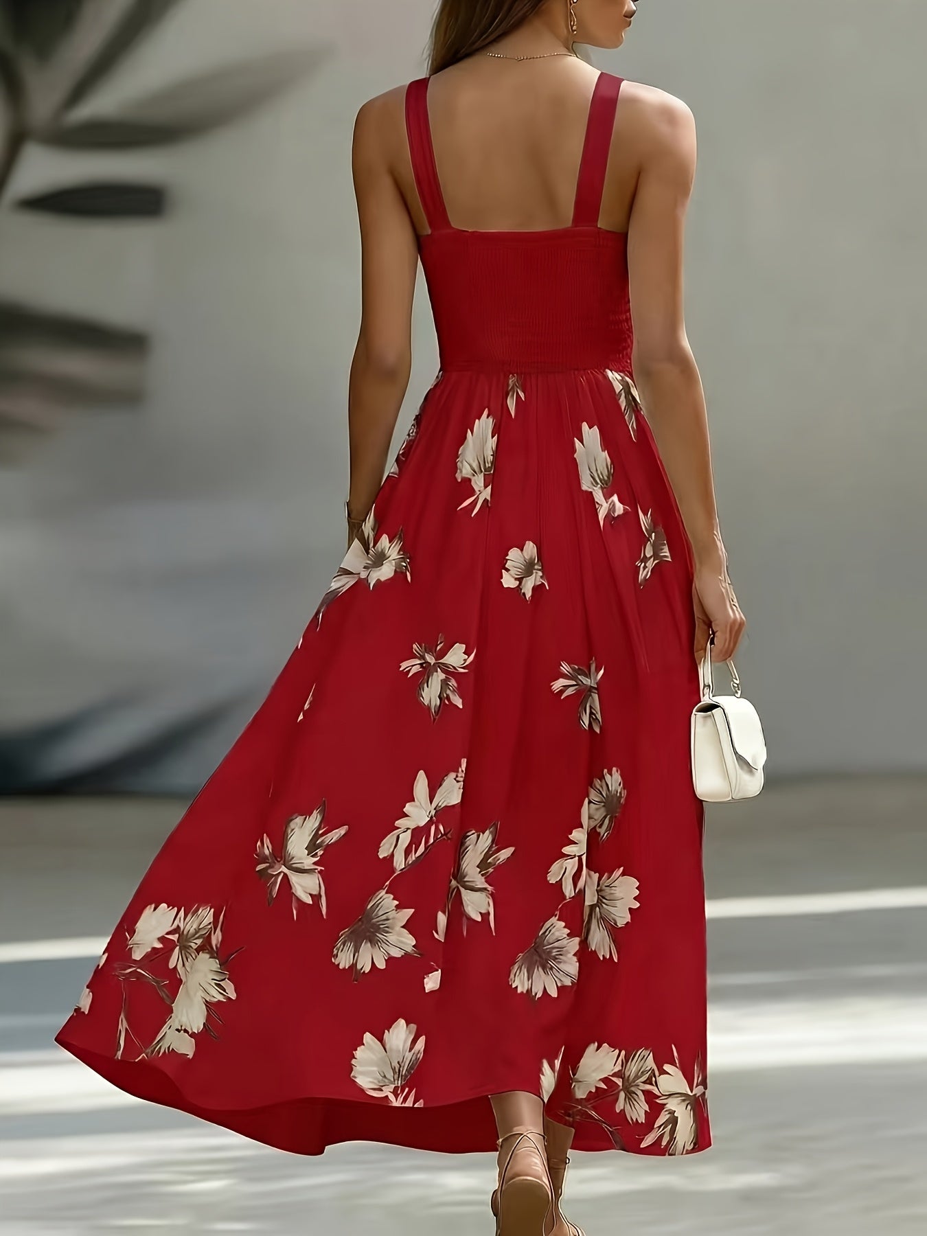 Shirred Geometric Print V-Neck Midi Dress