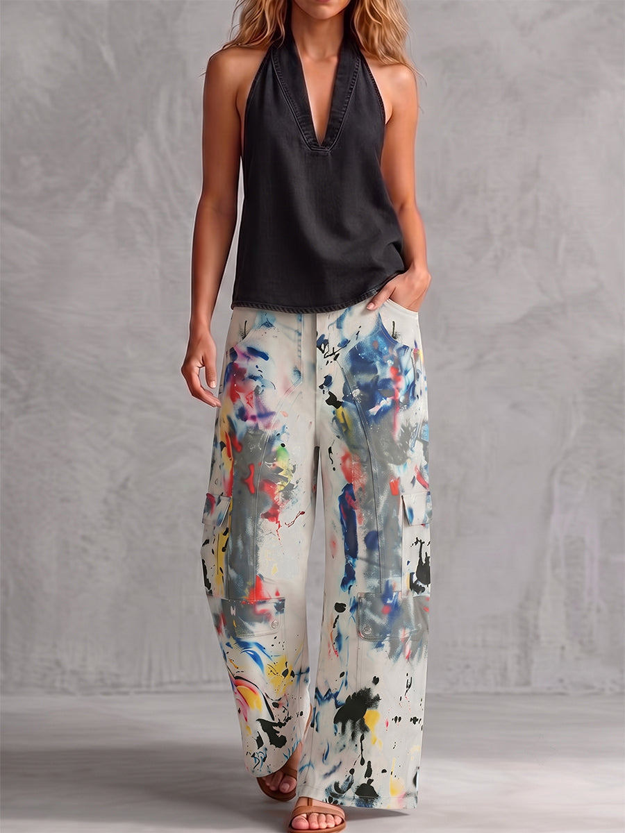 Graffiti Print Wide-Leg High-Waisted Jeans