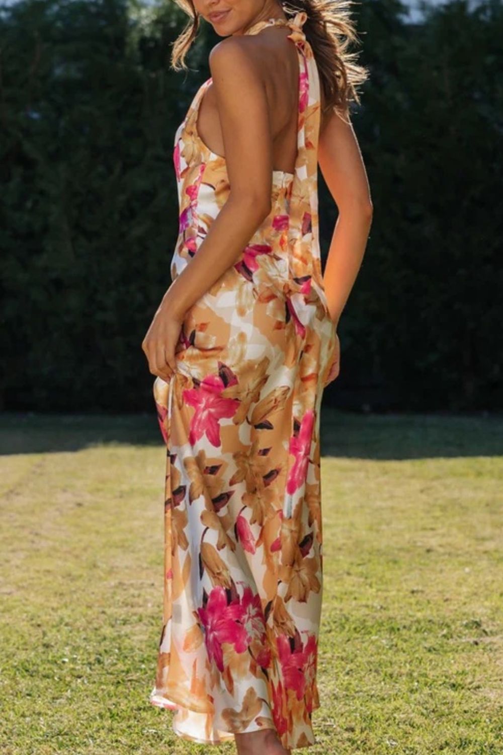 Women's floral print halter neck maxi dress, second colourway side view